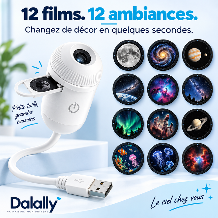 Veilleuse Projecteur Galaxie 2-en-1 avec 12 Films de Projection