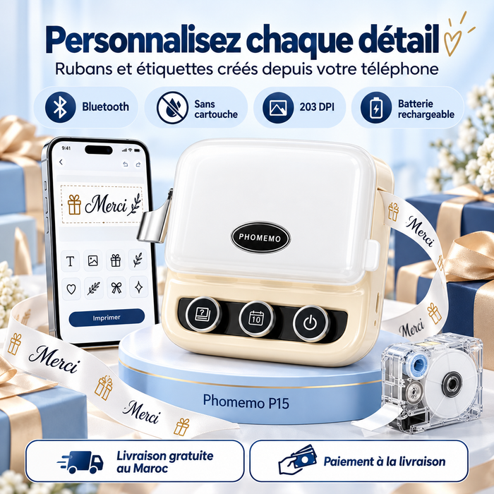 Phomemo P15 – Imprimante de Rubans Personnalisés et Étiquettes Bluetooth