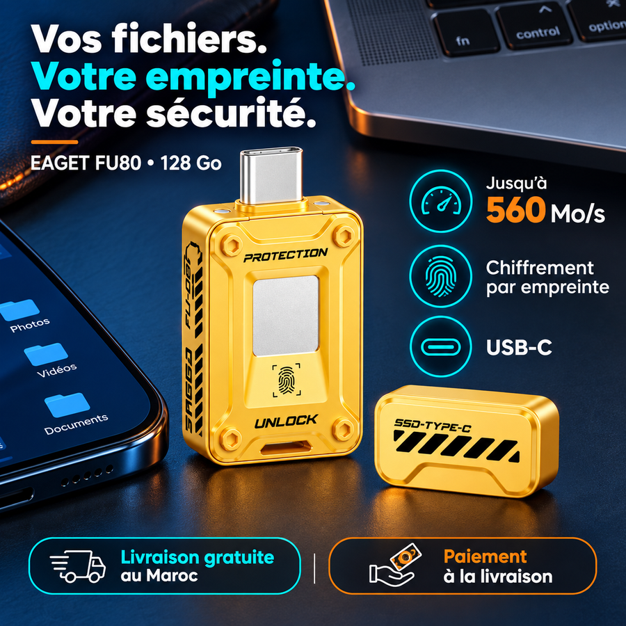 Clé USB SSD EAGET FU80 128 Go – USB-C & USB-A avec Protection par Empreinte