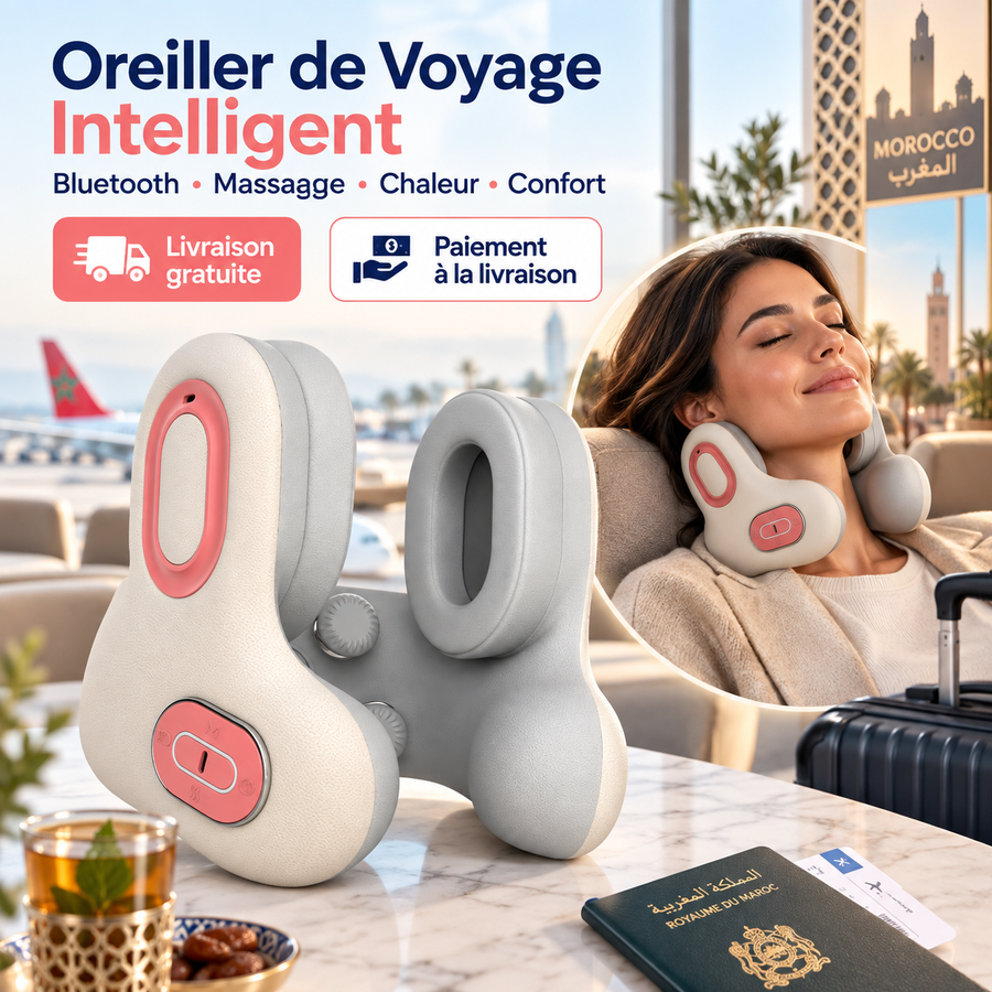 Oreiller de Voyage Bluetooth 4-en-1 – Massage, Chaleur et Réduction du Bruit
