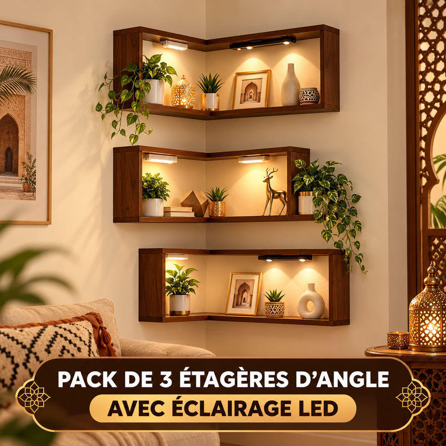 Pack de 3 Étagères d’Angle avec Éclairage LED